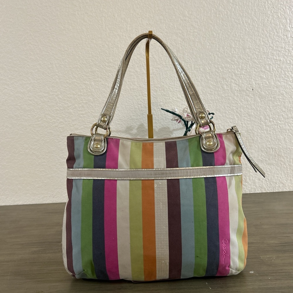COACH 19021 POPPY LEGACY STRIPE GLAM TOTE Shoulder Bag Sequins Multicolor - Picture 2 of 8
